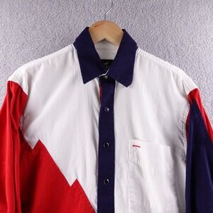 Western Express Pearl Snap Shirt Mens M Red‎ White Blue Color Block Long Sleeve